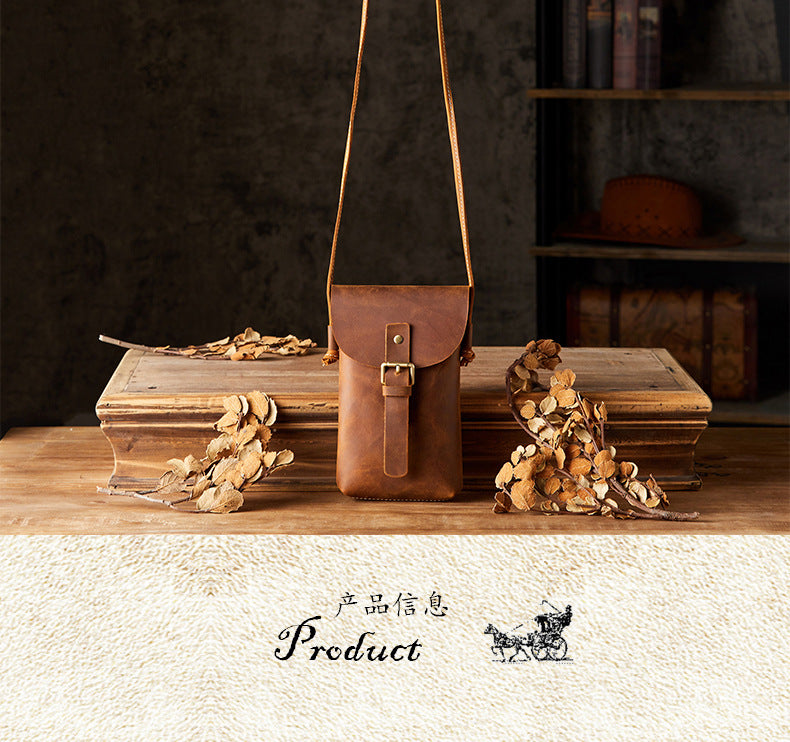 Men's Shoulder Bag Handcrafted Genuine Cowhide Leather Smartphone Pouch Retro Casual Crossbody Bag for Men 