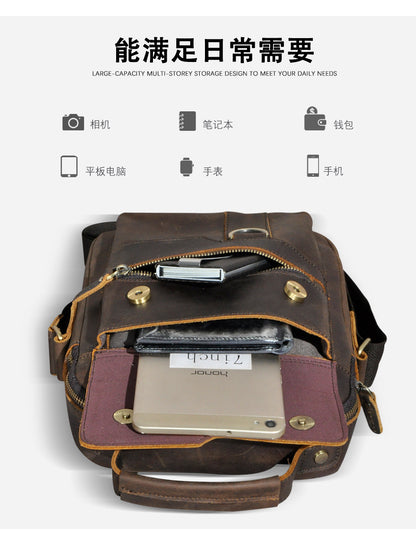 Men's Shoulder Bag Genuine Cowhide Leather Retro Outdoor Travel Crossbody Bag for Men 