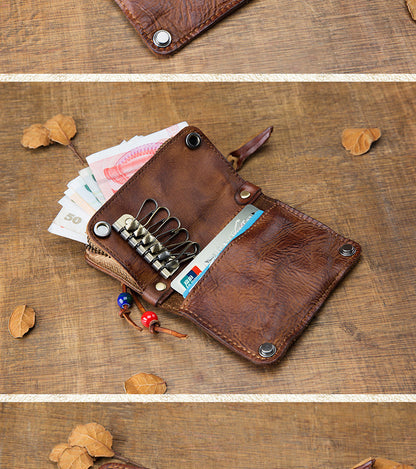 Men's wallet, genuine cowhide leather, key chain, coin purse, zipper, multi-function, large capacity, card bag for men 