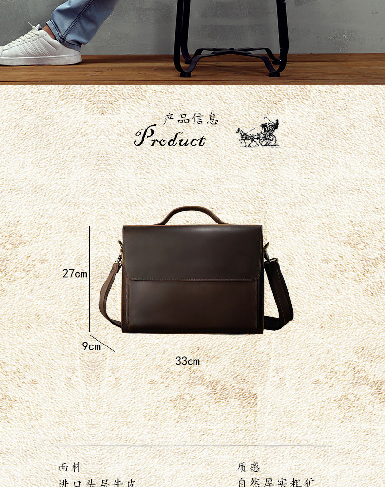 Men's Handbag Briefcase Handmade Cowhide Genuine Leather Retro Simple Messenger Bag Business Casual Men's Shoulder Bag Crossbody Bag 