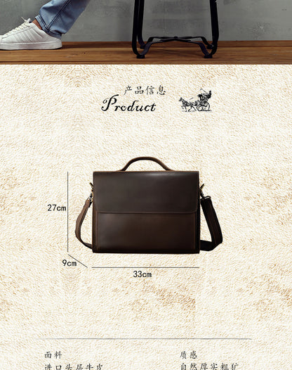 Men's Handbag Briefcase Handmade Cowhide Genuine Leather Retro Simple Messenger Bag Business Casual Men's Shoulder Bag Crossbody Bag 