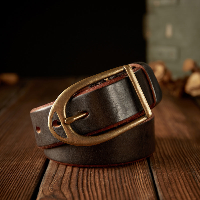 Men's Belt Handmade Genuine Cowhide Leather Unique Copper Needle Buckle Vintage Fashion Men's Belt