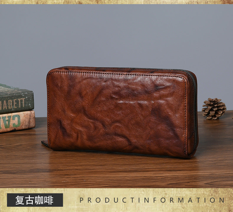 Men's Wallet Cowhide Genuine Leather Clutch Bag Mobile Phone Bag Retro Casual Men's Handbag 