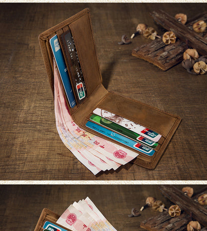 Men's short wallet made of genuine cowhide leather Crazy Horse Original casual simple thin Korean fashion unique wallet for men 