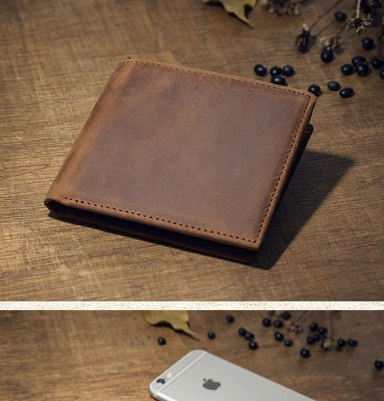 Men's Short Wallet Original Handmade Cowhide Genuine Leather Crazy Horse Retro Korean Fashion Coin Purse Men's Wallet 