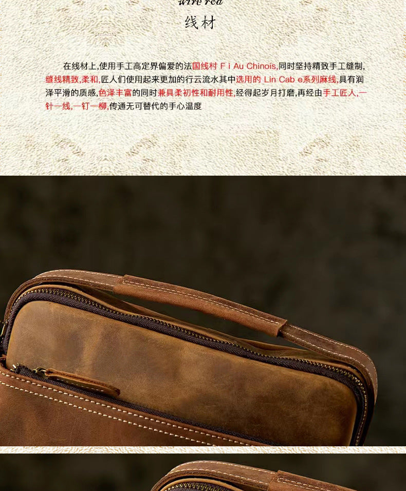 Men's Shoulder Bag Handmade Cow Leather Casual Simple Retro Zipper Crossbody Bag 