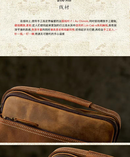 Men's Shoulder Bag Handmade Cow Leather Casual Simple Retro Zipper Crossbody Bag 