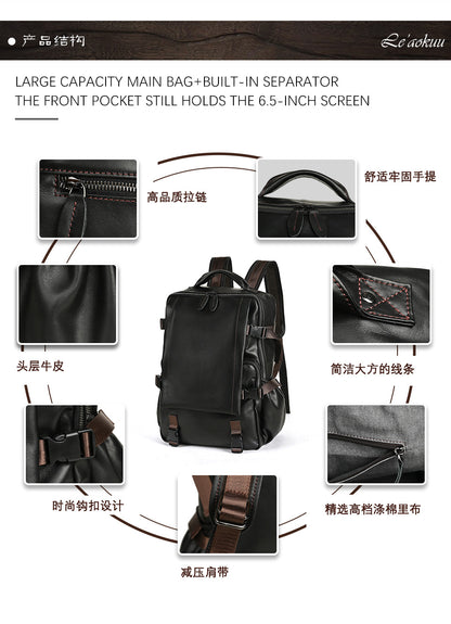 Men's backpack cowhide genuine leather retro casual business travel bag for men computer bag 