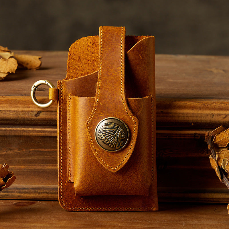 Men's Waist Pouch Mobile Phone Bag Keychain Handmade Cowhide Crazy Horse Belt Bag Mobile Phone Leather Cover Mini Bags for Men 