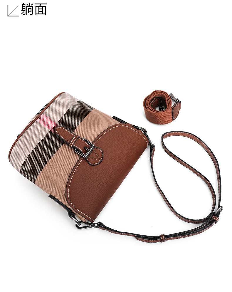Genuine leather women's bag plaid leather bucket bag trend cowhide canvas bag trend shoulder bag. pochette