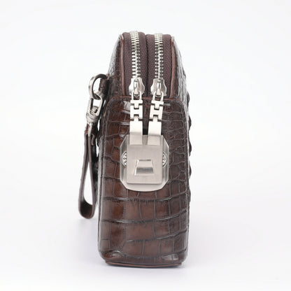 Crocodile Skin Genuine Leather Men's Handbag Double Zipper Security Lock Business Casual Men's Bag 