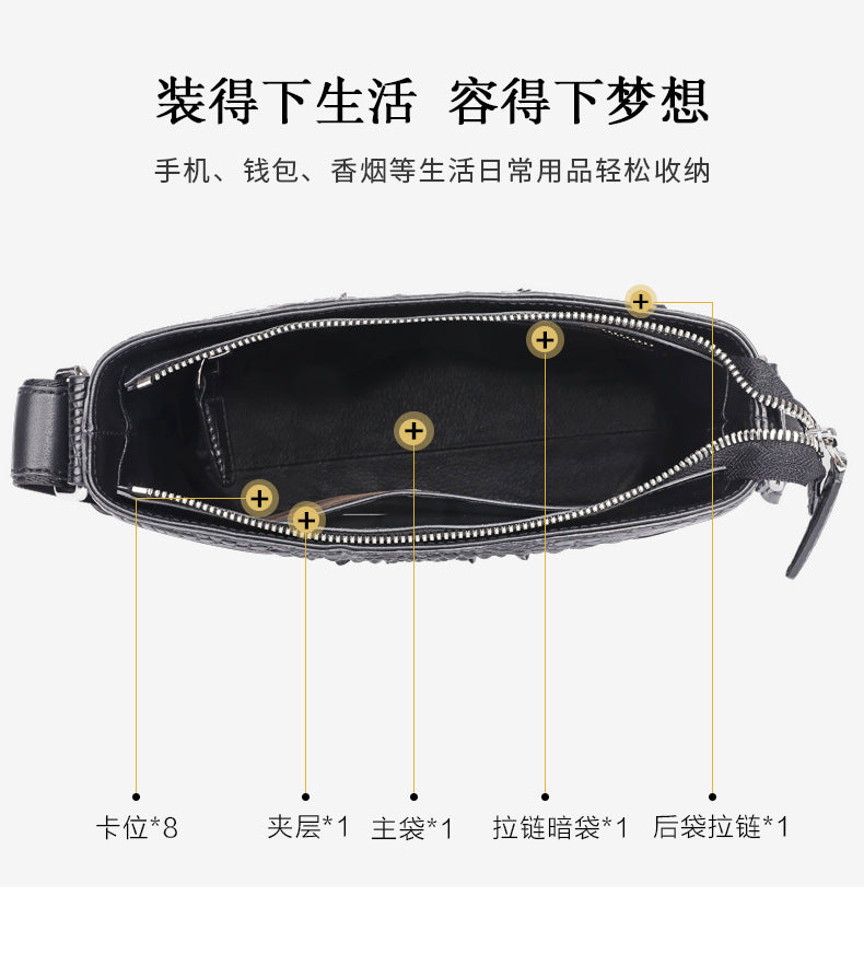 Men's Shoulder Bag Crocodile Skin Genuine Leather Multifunctional Large Capacity Casual Business Crossbody Bag 