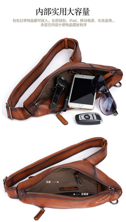Men's bust bag Genuine cowhide leather unique casual crossbody bag for men 