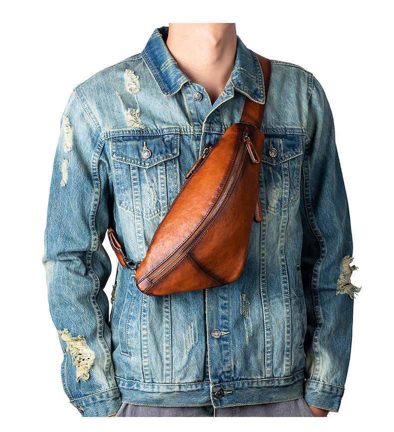 Men's bust bag Genuine cowhide leather unique casual crossbody bag for men 