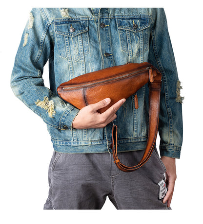 Men's bust bag Genuine cowhide leather unique casual crossbody bag for men 