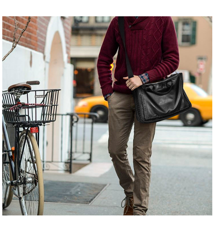 Men's Briefcase Sheepskin Genuine Leather Crossbody Shoulder Bag Computer Bag Business Handbag 