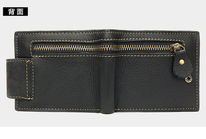 Men's short wallet, genuine cowhide leather, multi-functional coin purse, zipper, clasp, men's wallet 