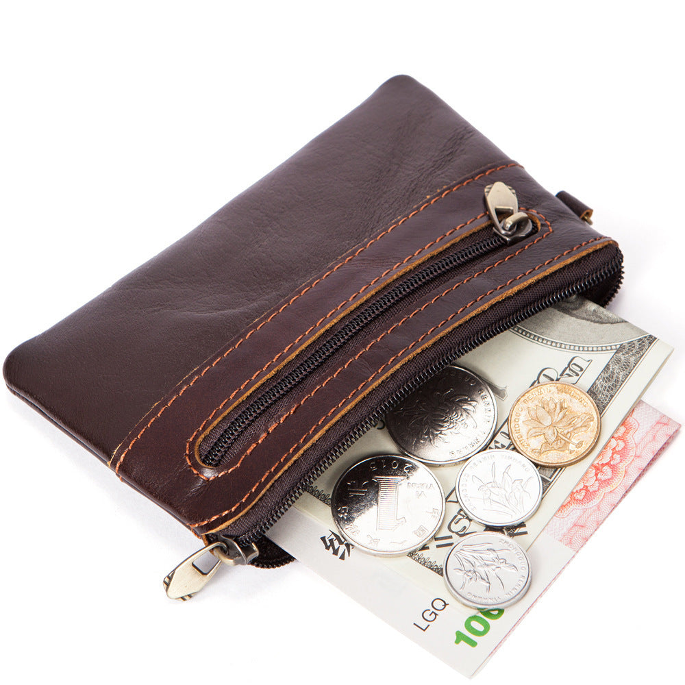 Men's Wallet Cow Leather Retro Casual Zipper Large Capacity Men's Wallet Coin Bag 