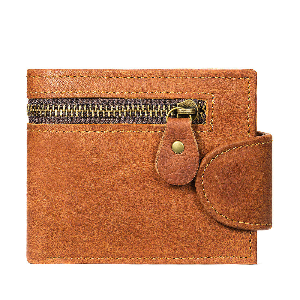 Men's short wallet, genuine cowhide leather, multi-functional coin purse, zipper, clasp, men's wallet 
