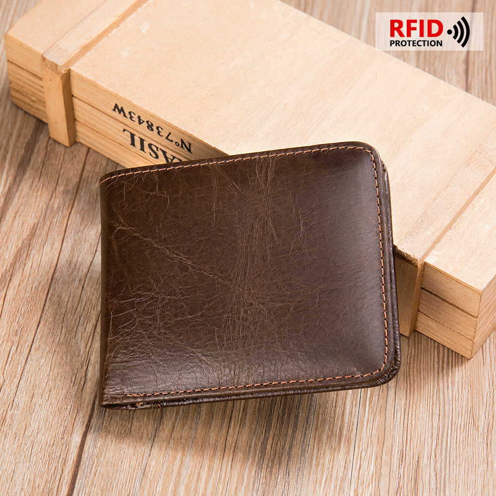 Men's short wallet, portable, compact, genuine cowhide leather, retro commuting fashion, card bag wallet for men 