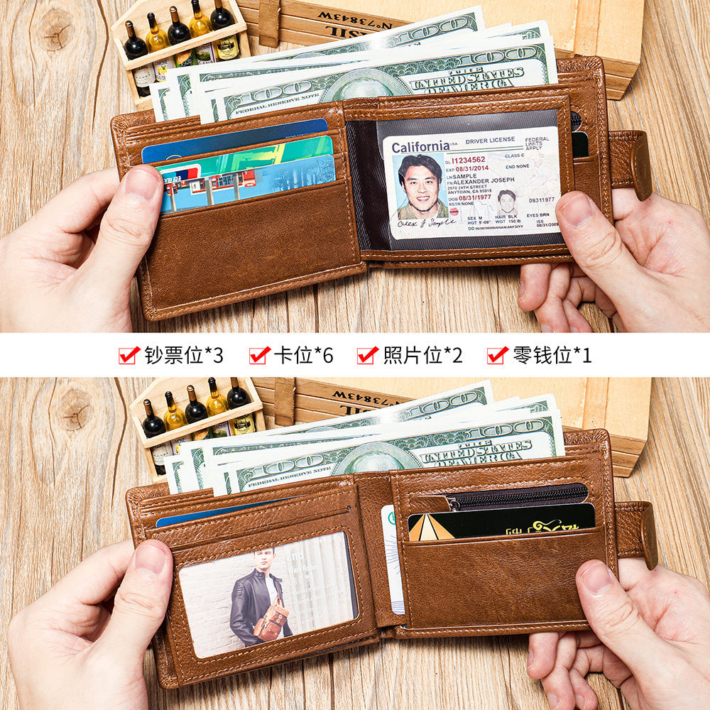 Men's short wallet cowhide RFID card holder business large capacity clutch bag retro wallet 