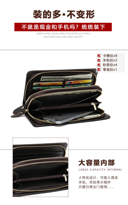 Men's Clutch Bag Genuine Cowhide Leather Wallet Card Holder Business Large Capacity Long Wallet Men's Handbag 