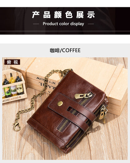 Men's short wallet made of genuine cowhide leather with multi-functional zipper and card bag wallet for men 