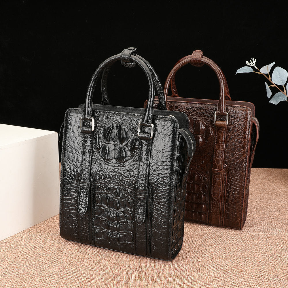 Crocodile Bone Skin Genuine Leather Men's Briefcase Business Commuting Casual Crossbody Shoulder Bag Vertical Handbag 