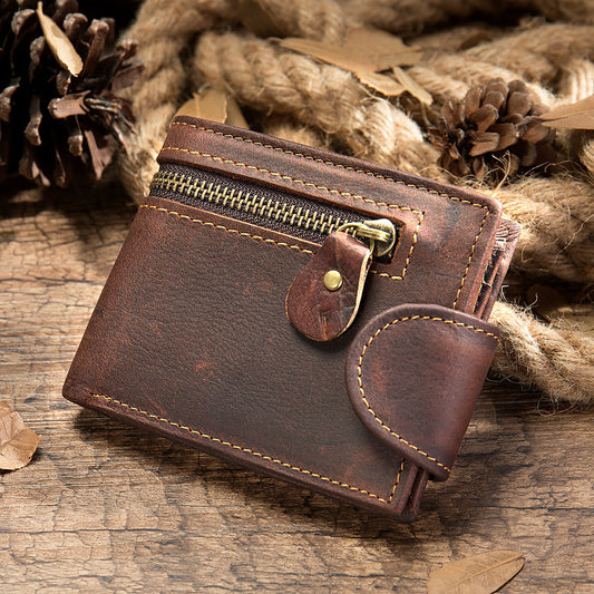 Men's short wallet, genuine cowhide leather, multi-functional coin purse, zipper, clasp, men's wallet 