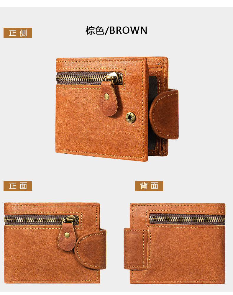 Men's short wallet, genuine cowhide leather, multi-functional coin purse, zipper, clasp, men's wallet 