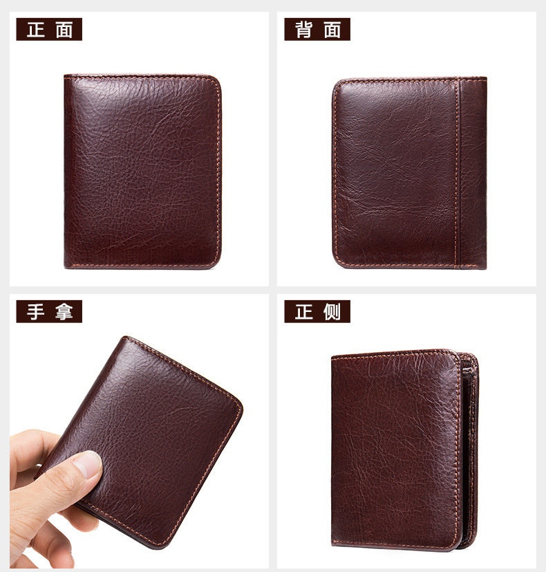 Men's short wallet, portable, compact, genuine cowhide leather, retro commuting fashion, card bag wallet for men 