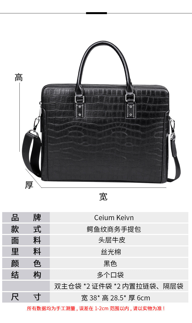 Men's Briefcase Handbag Cowhide Genuine Leather Computer Bag Business Large Capacity Fashion Crocodile Crest Handbag for Men 