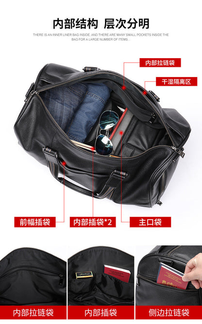 Men's Fitness Bag Genuine Cowhide Leather Dry/Wet Separate Short-distance Luggage Bag Men's Travel Bag Shoulder Bag 