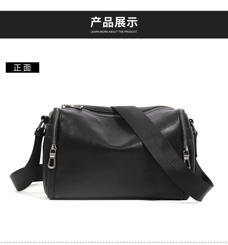 Men's shoulder bag Genuine cowhide leather cylindrical fashion casual large capacity crossbody bag for men 