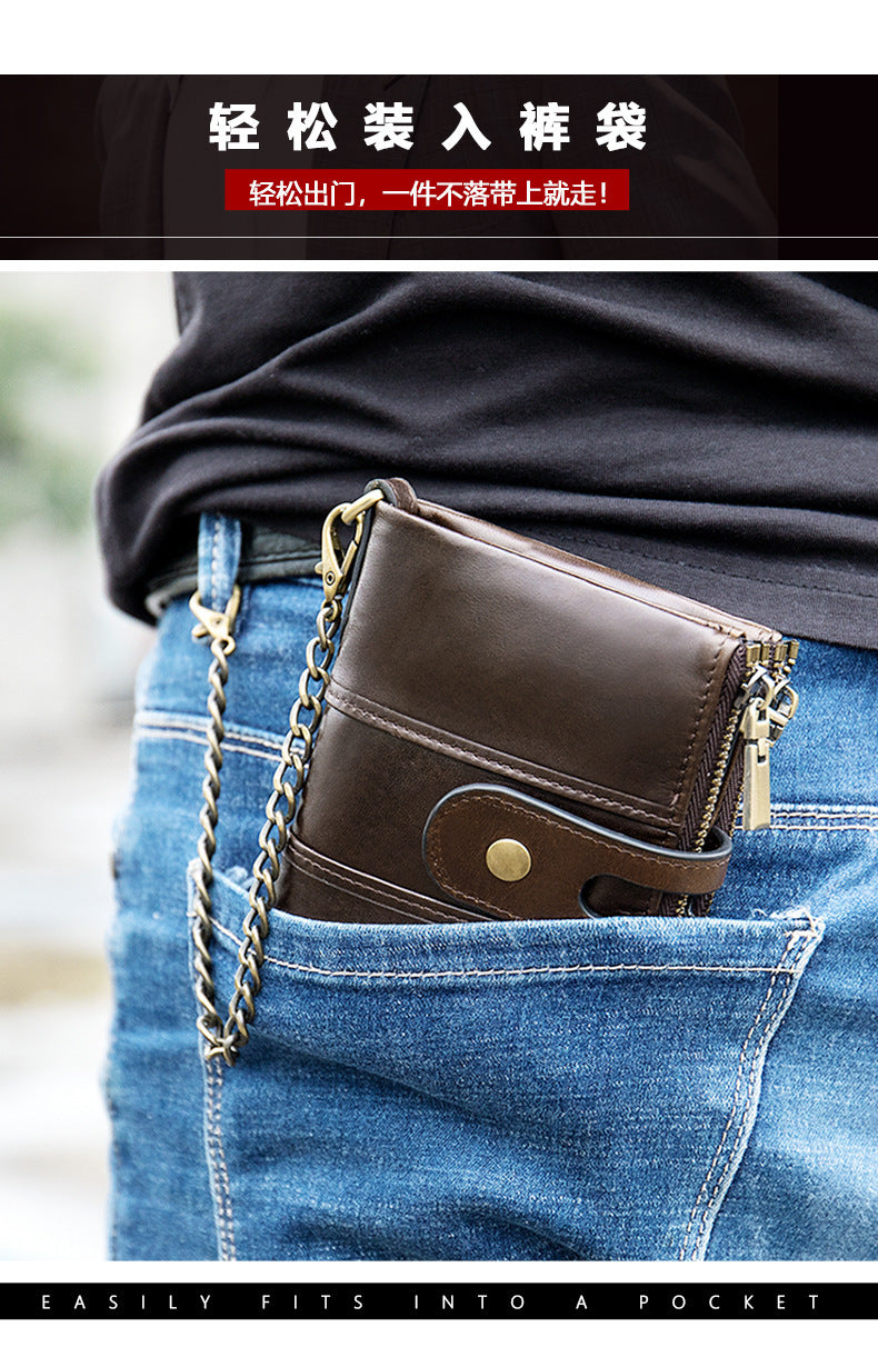 Men's short wallet genuine cowhide leather retro RFID anti-theft card bag 