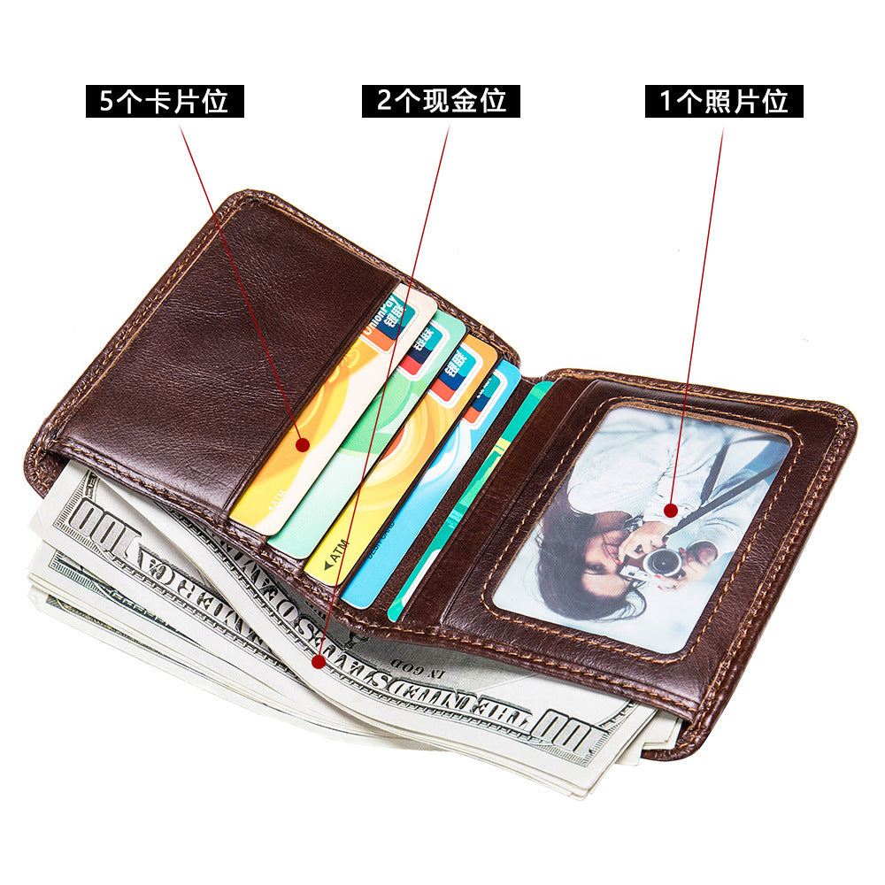 Men's short wallet, portable, compact, genuine cowhide leather, retro commuting fashion, card bag wallet for men 