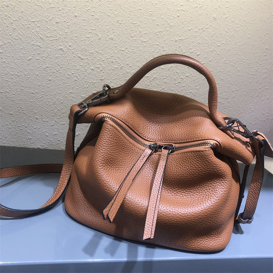 Large capacity ladies shoulder bag handbag two-way zipper genuine leather diagonal shoulder bag