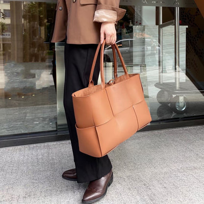 Women's Handbag Genuine Leather Tote Bag Large Capacity Shoulder Bag Crossbody Back String Tape Fashion