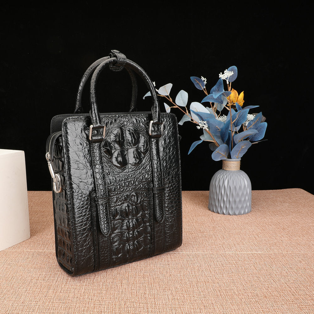 Crocodile Bone Skin Genuine Leather Men's Briefcase Business Commuting Casual Crossbody Shoulder Bag Vertical Handbag 