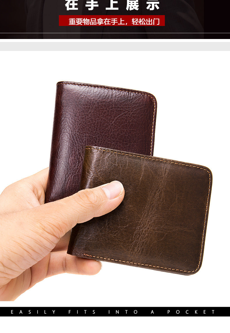 Men's short wallet, portable, compact, genuine cowhide leather, retro commuting fashion, card bag wallet for men 