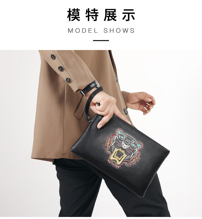 Men's Clutch Bag Genuine Cowhide Leather Casual Fashion Tiger Head Embroidery Men's Handbag 