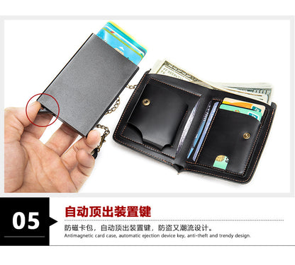Men's short wallet genuine cowhide leather aluminum alloy automatic pop-up card bag RFID anti-theft brush wallet for men 