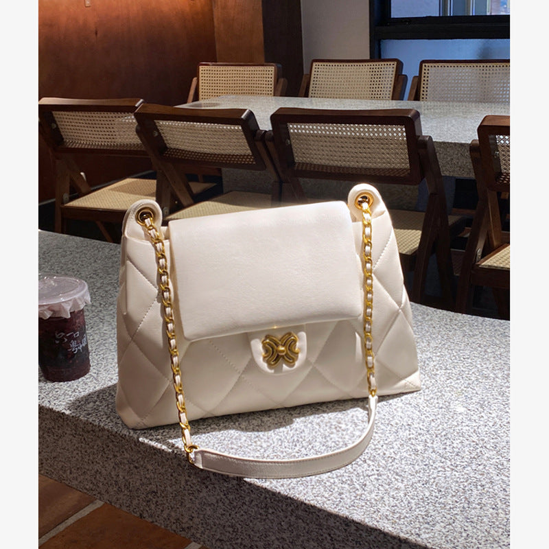 Ladies bag check chain bag genuine leather commuting large capacity shoulder bag tote bag