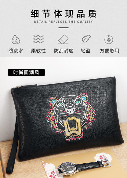 Men's Clutch Bag Genuine Cowhide Leather Casual Fashion Tiger Head Embroidery Men's Handbag 