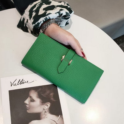 Simple Ladies Cowhide Handbag Lychee Pattern Fashion Long Bifold Wallet Genuine Leather Wallet 