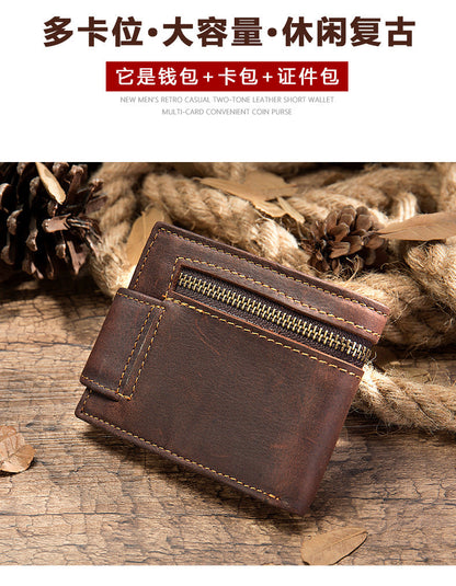 Men's short wallet, genuine cowhide leather, multi-functional coin purse, zipper, clasp, men's wallet 