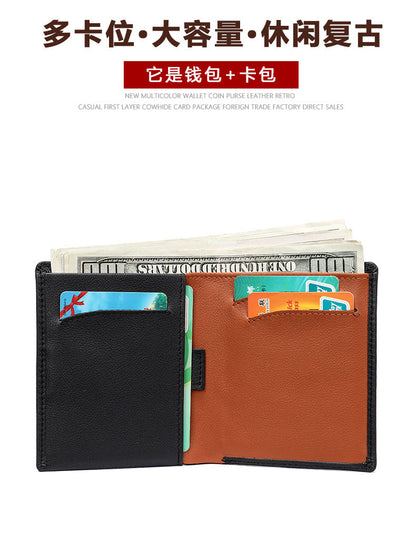 Men's short wallet genuine cowhide leather bi-fold retro card bag men's wallet 