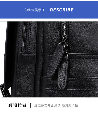 Men's backpack, genuine cowhide leather, casual business, travel fashion, waterproof, large capacity, double shoulder backpack 