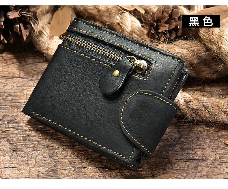 Men's short wallet, genuine cowhide leather, multi-functional coin purse, zipper, clasp, men's wallet 
