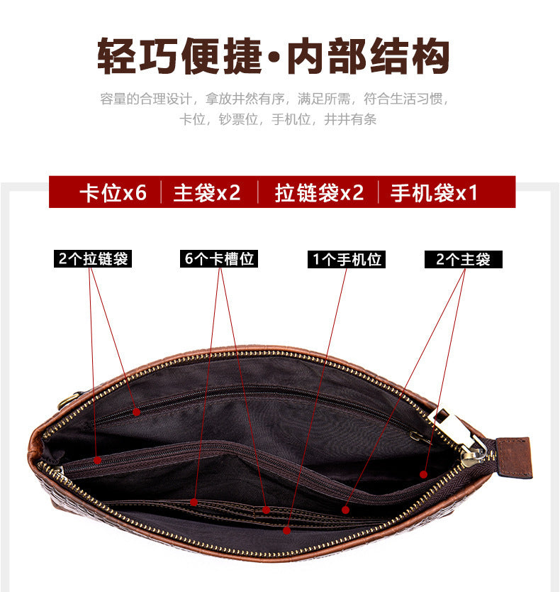 Men's Clutch Bag Business Crocodile Crest Cow Leather Handbag for Men 